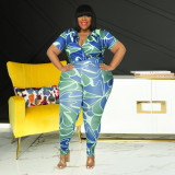 Plus Size Printed V Neck Two Piece Pants Set OSIF-22230