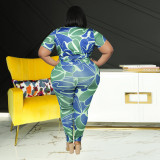 Plus Size Printed V Neck Two Piece Pants Set OSIF-22230