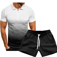 Men Gradient Lapel POLO Casual Two Piece Shorts Set FLZH-ZT135-ZK70