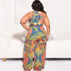 Plus Size Printed Sleeveless Sashes Wide Leg Jumpsuit OSIF-22235
