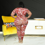 Plus Size Printed V Neck Two Piece Pants Set OSIF-22230