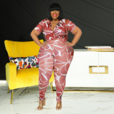 Plus Size Printed V Neck Two Piece Pants Set OSIF-22230