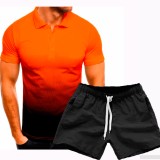 Men Gradient Lapel POLO Casual Two Piece Shorts Set FLZH-ZT135-ZK70