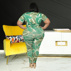 Plus Size Printed V Neck Two Piece Pants Set OSIF-22230