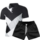 Men Color Block Fashion Short Sleeve Top Two Piece Shorts Set FLZH-ZT83-ZK70