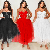 Hot Drilling Mesh Patchwork Strapless Evening Dress BY-5709