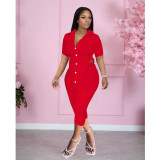 Solid Buttons Irregular Top+Capri Pants 2 Piece Sets FOSF-8215
