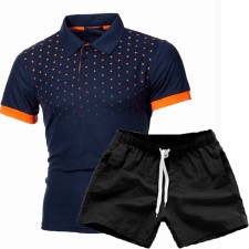 Men's Print Slim Lapel Casual Short Sleeve POLO Two Piece Shorts Set FLZH-ZT123-ZK70