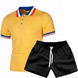 Men's Patchwork Lapel Short Sleeve POLO Two Piece Shorts Set FLZH-ZT55-ZK70