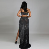 Plus Size Hot Drilling Split Sling Night Club Maxi Dress NY-2363