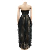 Hot Drilling Mesh Patchwork Strapless Evening Dress BY-5709