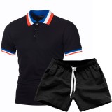 Men's Patchwork Lapel Short Sleeve POLO Two Piece Shorts Set FLZH-ZT55-ZK70