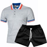 Men's Patchwork Lapel Short Sleeve POLO Two Piece Shorts Set FLZH-ZT55-ZK70