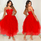 Hot Drilling Mesh Patchwork Strapless Evening Dress BY-5709