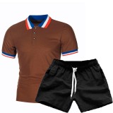 Men's Patchwork Lapel Short Sleeve POLO Two Piece Shorts Set FLZH-ZT55-ZK70