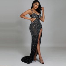 Plus Size Hot Drilling Split Sling Night Club Maxi Dress NY-2363
