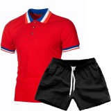 Men's Patchwork Lapel Short Sleeve POLO Two Piece Shorts Set FLZH-ZT55-ZK70