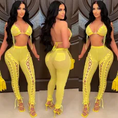 Sexy Mesh Lace-Up Hollow Bra Top+Pants 2 Piece Sets BY-5711