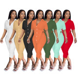 Solid Buttons Irregular Top+Capri Pants 2 Piece Sets FOSF-8215