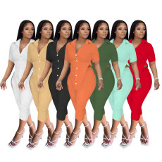 Solid Buttons Irregular Top+Capri Pants 2 Piece Sets FOSF-8215
