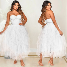 Hot Drilling Mesh Patchwork Strapless Evening Dress BY-5709