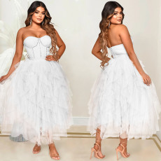 Hot Drilling Mesh Patchwork Strapless Evening Dress BY-5709