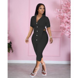 Solid Buttons Irregular Top+Capri Pants 2 Piece Sets FOSF-8215