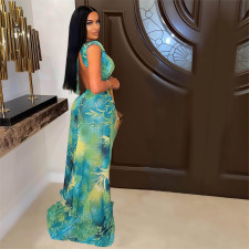 Sexy Printed Backless Bodysuit+Split Long Skirt 2 Piece Sets MDF-5304