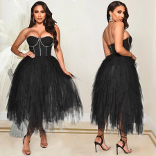 Hot Drilling Mesh Patchwork Strapless Evening Dress BY-5709