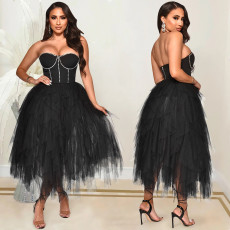 Hot Drilling Mesh Patchwork Strapless Evening Dress BY-5709