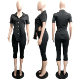 Solid Buttons Irregular Top+Capri Pants 2 Piece Sets FOSF-8215