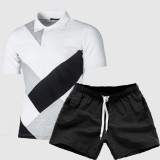 Men Color Block Fashion Short Sleeve Top Two Piece Shorts Set FLZH-ZT83-ZK70