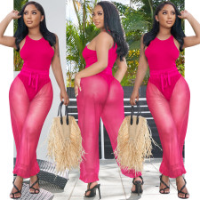 Solid Sleeveless Bodysuit+Mesh Pants 2 Piece Sets BY-5715