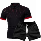 Men's Print Slim Lapel Casual Short Sleeve POLO Two Piece Shorts Set FLZH-ZT123-ZK70