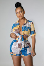 Sexy Printed Short Sleeve Shirt Top Shorts 2 Piece Sets OMY-81013