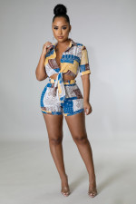 Sexy Printed Short Sleeve Shirt Top Shorts 2 Piece Sets OMY-81013