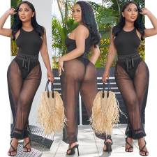 Solid Sleeveless Bodysuit+Mesh Pants 2 Piece Sets BY-5715