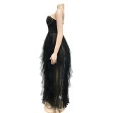Hot Drilling Mesh Patchwork Strapless Evening Dress BY-5709