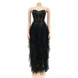 Hot Drilling Mesh Patchwork Strapless Evening Dress BY-5709