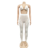 Sexy Mesh Lace-Up Hollow Bra Top+Pants 2 Piece Sets BY-5711