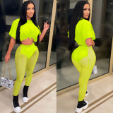 Sexy Solid Color Short Sleeve Top Mesh See-through Pants 2 Piece Sets BY-5700