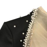 Sexy Nightclub Bead Hot Diamond Mesh Splice Backless Long Sleeve Dress BY-5681