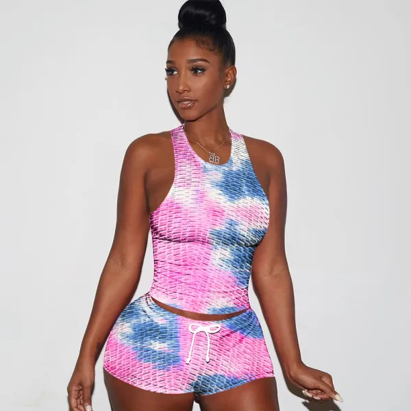 Tie Dye Tank Top Shorts Yoga Fitness 2 Piece Sets SH-390303