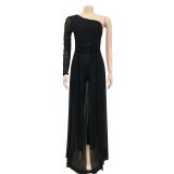 Solid Color Sexy One Shoulder Long Sleeve Jumpsuit BY-5675