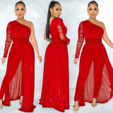 Solid Color Sexy One Shoulder Long Sleeve Jumpsuit BY-5675