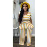 Striped Print Sleeveless Top Wide Leg Pants Two Piece Sets GCNF-0183