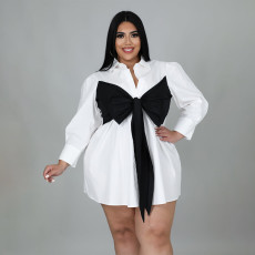 Plus Size Long Sleeve Tie Up Shirt Dress HNIF-015