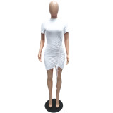 Solid Short Sleeve Drawstring Slim Mini Dress MZ-2738