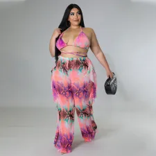 Plus Size Sexy Ruffled Halter Beachwear 3 Piece Sets HNIF-DHN016