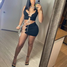Solid Color Lace-Up Hollow Vest Mini Skirts Two Piece Sets LSD-90966